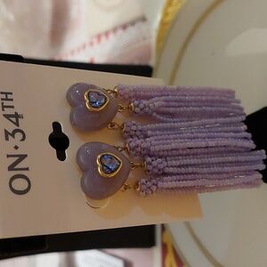 On 34th NWT New Tassel Purple Heart Rhinestone Stud Pierced Goldtone Earrings